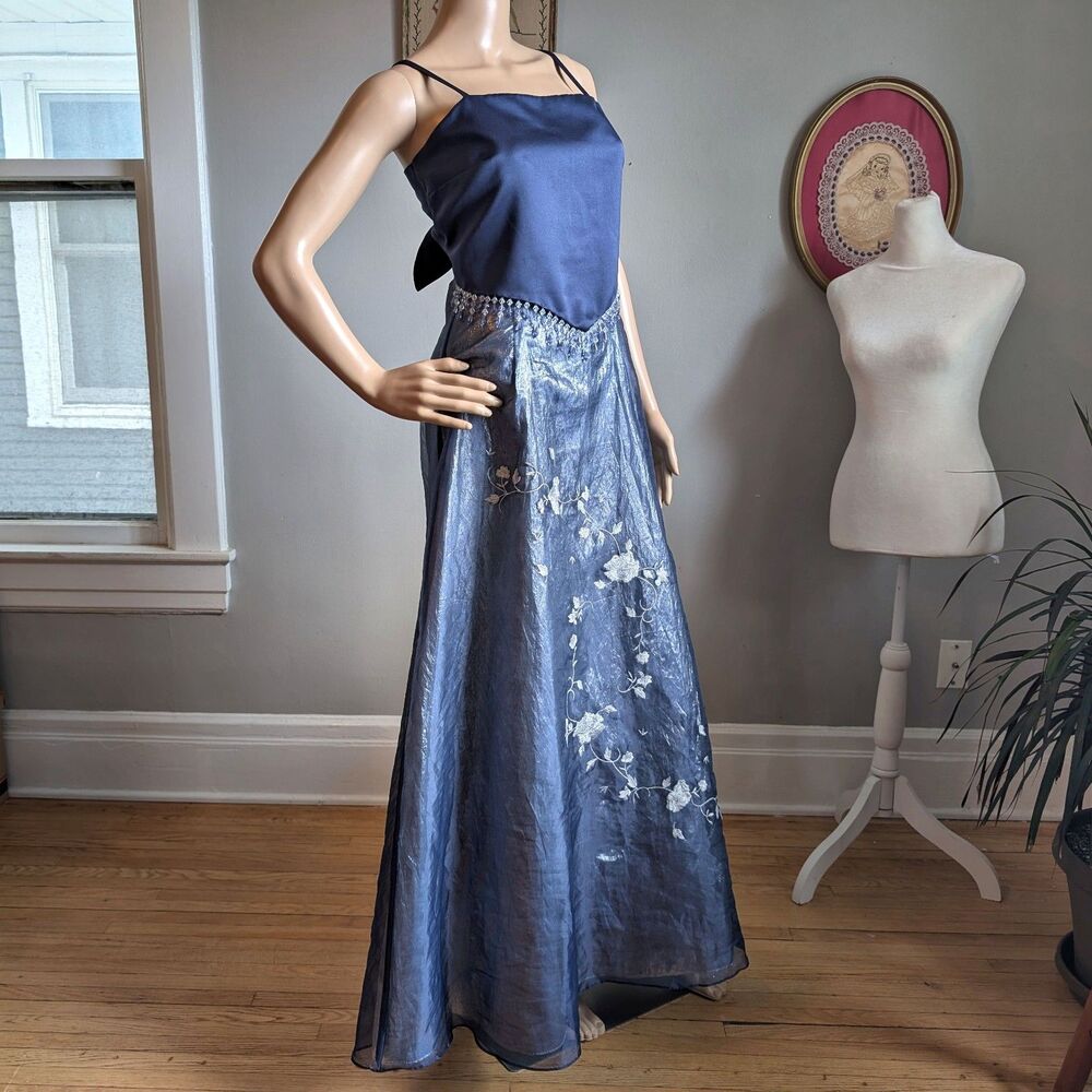 Vintage 90s y2k Scene Prom Gown Blue Floral Embroidery Beaded Fringe Size 9/10